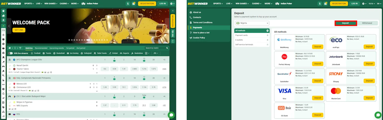 BetWinner Homepage and Payments Screenshot